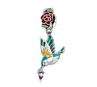 EQEQE Ciondolo in argento sterling, perline for bracciale, ciondolo for collana in argento sterling 925 con perline for bracciale, fiore rosso e uccello