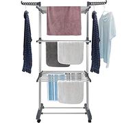 EQHAIR Appendiabiti da Terra, Stendino, 3 Livelli Stendibiancheria Verticale con Ruote, Acciaio Inossidabile Stendino da Balcone Esterno, Stendipanni per Interno (A)