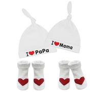 EQLEF 2 Coppie Calzini Neonato e 2 PCS I Love Mama And I Love Papa Cappellini Neonato, Regali per Bambini per 0-3 Mesi Ragazze Ragazzi Unisex Cotone Cappello e Calze Antiscivolo per Natale Capodanno