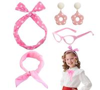 EQLEF 50's Accessori Costume Grease Costumi per Donne Ragazze, 4 pz Retro Dress Up Accessori Polka Dot Bandiera Fiore Orecchino Cat-Eye Occhiali & Sciarpa di seta per gli anni '50 Abito Fancy (Rosa)