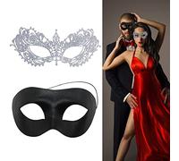 EQLEF Maschera per Coppie, Maschera Nera per Uomo Maschera Veneziana in Pizzo per Ballo da Donna Costume di Halloween Mardi Gras Cosplay