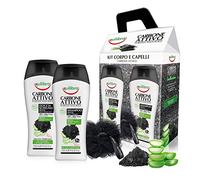 Equilibra Corpo, Kit Corpo e Capelli Carbone Attivo, Docciaschiuma Detossinante, Shampoo Detox per Cute e Capelli Impuri, Spugnarete Light che Deterge Delicatamente, Confezione Regalo