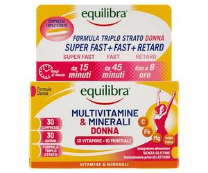 Equilibra Integratori Alimentari, Multivitamine & Minerali Donna, Integratore Tripla Azione di Magnesio, Ferro, Acido Folico e Vitamina C, Senza Glutine, 30 Compresse Triplo Strato a Rilascio Graduale