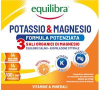 Equilibra Integratori Alimentari, Potassio e Magnesio 3 Formula Potenziata, Integratore Magnesio e Potassio per Reintegro Sali Minerali, Gusto Arancia, Senza Glutine e Senza Lattosio, 14 Bustine