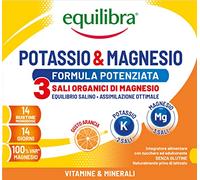 Equilibra, Potassio e Magnesio 3 Formula Potenziata, Integratore Magnesio e Potassio per Reintegro Sali Minerali, Gusto Arancia, Senza Glutine e Senza Lattosio, 14 Bustine