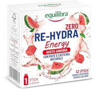 Equilibra Re-Hydra Energy Zero Zuccheri, per aromatizzare acqua, 12 Stick | Gusto Anguria, Integratore con Mate, Guaranà, Vitamine C, B2, B3, B6, B12, Caffeina per Stanchezza e Metabolismo Energetico