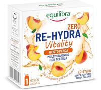 Equilibra Re-Hydra Vitality Zero Zuccheri, per aromatizzare l'acqua | 12 Stick, Gusto Pesca, Multivitaminico con Acerola, Vitamina C, Vitamine Gruppo B, Azione di Sostegno e Ricostituente