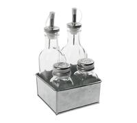 Equinox 529985 Set per condimenti per insalata: 1 olio, 1 aceto, 1 sale, 1 pepe in vetro trasparente e tappo in acciaio inossidabile con supporto in zinco. Set per condimenti per insalata da 4 pezzi