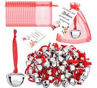 Equsion 100 decorazioni natalizie a forma di campana, 3,8 cm, argento, Babbo Natale, slitta, campana, decorazione per albero di Natale, con nastro rosso, biglietti di Natale e sacchetti in organza,