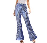 EQWIGKEIT Pantaloni da donna con brillantini, da discoteca, con paillettes, a vita alta, stile vintage anni '70, B7 blu, L