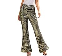 EQWIGKEIT Pantaloni da donna con brillantini, da discoteca, con paillettes, a vita alta, stile vintage anni '70, B7 Gold, L