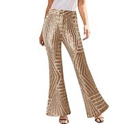 EQWIGKEIT Pantaloni da donna con brillantini, da discoteca, con paillettes, a vita alta, stile vintage anni '70, B7 kaki, L