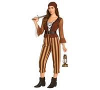 EraSpooky Costume da Pirata Donna Outfit da Corsara Marrone a Righe con Maniche in Pizzo Cintura e Bandana