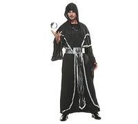 EraSpooky Mago oscuro da uomo veste da monaco medievale padrino mistico stregone costume con cappuccio mantello mantello cosplay di Halloween nero argento
