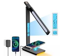 ErayLife Lampada da Scrivania LED 10W, 5 Modalità 5 Livelli Lampada da Tavolo con Ricarica Wireless e Porta di USB, Protegge L'occhio, Pieghevole, Controllo Touch, Timer, Caricabatterie (Nero)