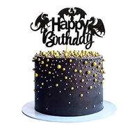 Ercadio 1 confezione da 1 topper per torta di compleanno con drago e dinosauro, colore nero glitterato, decorazione per feste di compleanno a tema drago