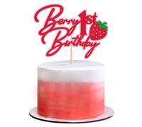 Ercadio Confezione da 1 topper per cupcake a forma di fragola, glitterati, per primo compleanno, per feste di compleanno, baby shower, 1° compleanno, bacche dolci, decorazioni per feste