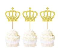 Ercadio Confezione da 24 decorazioni per cupcake a forma di corona con glitter dorati, con corona principale, per cupcake e cupcake, decorazione per feste a tema principe