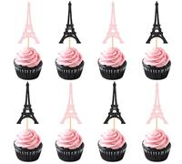 Ercadio Confezione da 24 decorazioni per cupcake a tema Parigi, rosa e nero, Torre Eiffel, romantiche, per ragazze, compleanni, temi romantici, decorazioni per feste