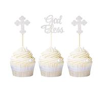 Ercadio - Confezione da 24 decorazioni per cupcake con scritta in lingua inglese "Dio Bless and Cross", colore: oro glitterato