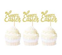 Ercadio - Confezione da 36 decorazioni per cupcake pasquali, decorazioni per torta con orecchie di coniglio e decorazioni per feste a tema pasquale, colore: oro