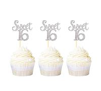 Ercadio Silver Sweet 16 topper per cupcake glitterati età sedici stecchini per cupcake 16° compleanno decorazioni per torte forniture 24 pezzi