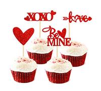 Ercaido, confezione da 48 topper per cupcake con glitter rossi per San Valentino, tema amore per matrimonio o fidanzamento, per feste di San Valentino, decorazioni per torte