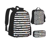 ERCgad Set di borse scolastiche 3 in 1 in tela con stampa a pois arcobaleno a righe in bianco e nero con zaino, borsa per il pranzo, astuccio combinato per uomini e donne
