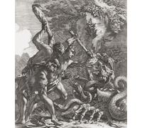 Ercules uccide l'Hydra il secondo delle dodici opere di Ercule. Il nipote di Ercules Iolaus sta combattendo con lui contro il mostrio. Stampa di Michel Dorigny dopo la pittura di Simon Vouet, poster