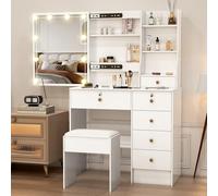 Ereousa Toeletta Trucco con Specchio e Sgabello, Postazione Make-up Robusta con Luci Dimmerabili e Guida Video, Scrivania da Trucco con 6 Cassetti e 6 Ripiani, Bianco, 36×80×131 cm, H06623