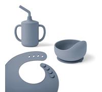 Ergobaby Set di stoviglie Basic per neonati e bambini a partire da 6 mesi, set pappa per bambini con tazza, ciotola e bavaglino, senza BPA, PVC e ftalati, Soft Blue