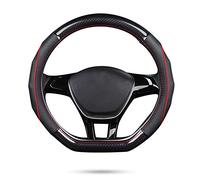 Ergocar Coprivolante per Auto Antiscivolo Protezione per Volante Auto D-Forma Fibra di Carbonio & Primo Strato di Pelle Bovina Universale per Diametro 38 Cm (15 ") (D-nero-rosso)