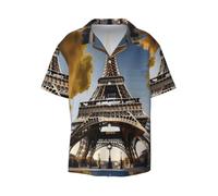 ERhoug Cityscape Parigi Torre Eiffel Francia stampa camicia a maniche corte button down uomo, Nero , L