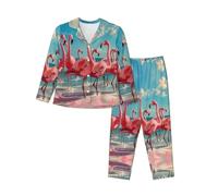 ERhoug Flock Of Pink Flamingos On The Beach Print Womens Pigiama Set Manica Lunga Pulsante Giù, Morbido Pjs Per Indumenti Da Notte E Lounge Wear, Nero , XXL