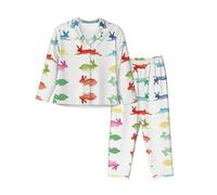 ERhoug Il pigiama delle donne della stampa del coniglio dell'arcobaleno ha messo la manica lunga giù il bottone, i pigiami morbidi per gli indumenti da notte e l'usura di salotto, Nero , S