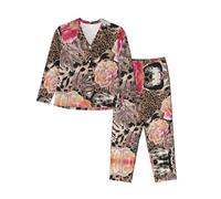 ERhoug Il pigiama delle donne della stampa del leopardo del fiore rosa ha impostato la manica lunga giù il bottone, i pigiami morbidi per gli indumenti da notte e l'usura, Nero , XXL