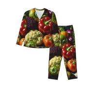 ERhoug Il pigiama delle donne della stampa della frutta di verdura ha messo la manica lunga giù il bottone, pigiama molle per gli indumenti da notte e l'usura di salotto, Nero , L