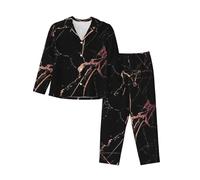 ERhoug Il pigiama delle donne di marmo nero dell'oro di Rosa ha messo la manica lunga giù il bottone, i pigiami molli per gli indumenti da notte e l'usura di salotto, Nero , XXL