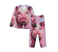 ERhoug Il pigiama delle donne rosa della stampa del maiale ha messo la manica lunga giù il bottone, i pigiami morbidi per gli indumenti da notte e l'usura di salotto, Nero , S