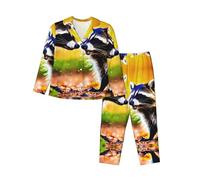 ERhoug Il pigiama delle donne sveglie della stampa del procione ha impostato la manica lunga giù il bottone, i pigiami morbidi per gli indumenti da notte e l'usura di, Nero , XXL