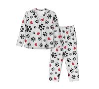 ERhoug Love Cat Paw Cuore Cucciolo Piede Stampa Delle Donne Pigiama Set Manica Lunga Pulsante Giù, Morbido Pjs Per Indumenti Da Notte E Lounge Wear, Nero , S