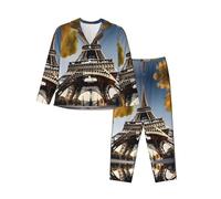 ERhoug Paesaggio urbano Parigi Torre Eiffel Francia stampa pigiama da donna a maniche lunghe pulsante verso il basso, morbido pigiama per indumenti da notte e abbigliamento da salotto, Nero , XXL