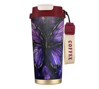 ERhoug Tazza da caffè isolata in acciaio inossidabile 316 con stampa a farfalla viola, con coperchio sottovuoto, mantiene caldo o freddo, a prova di perdite e riutilizzabile, per viaggi