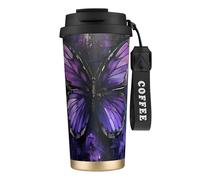 ERhoug Tazza da caffè isolata in acciaio inossidabile 316 con stampa a farfalla viola, con coperchio sottovuoto, mantiene caldo o freddo, a prova di perdite e riutilizzabile, per viaggi