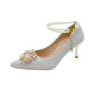 ERHTGUO Bridal Shoe Two-Way Wear Thin Heel High Strap Knot Design Elegant Korean Style Spring Season Wedding Footwear(Silver 7cm,40)