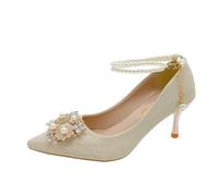 ERHTGUO Bridal Shoe Two-Way Wear Thin Heel High Strap Knot Design Elegant Korean Style Spring Season Wedding Footwear(Champagne Gold 7cm,35)