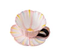 ERHTGUO Floral Ceramic Coffee Mug And Saucer Set Afternoon Tea Cup Creative Gift For Home Cafe(Pink)