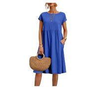 ERICAT Dresses for Women Summer Plus Size Short Sleeves Cotton Linen Midi Dress Trendy Casual Loose Beach Sundress(Blue,2XL)