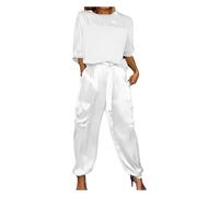 ERICAT Satin Pants Set, Smooth Satin Half-sleeved Top And Pants Set, Womens 2 Piece Outfits Silk Lounge Sets(White,L)