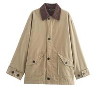 ERICAT Womens Canvas Jacket Contrast Button Down Canvas Shacket Outwear(Khaki,L)